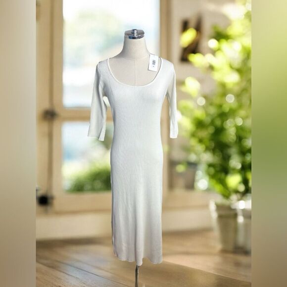 Vince | Ribbed Elbow Sleeve Scoop Neck MIDI Dress Size L - Picture 4 of 14